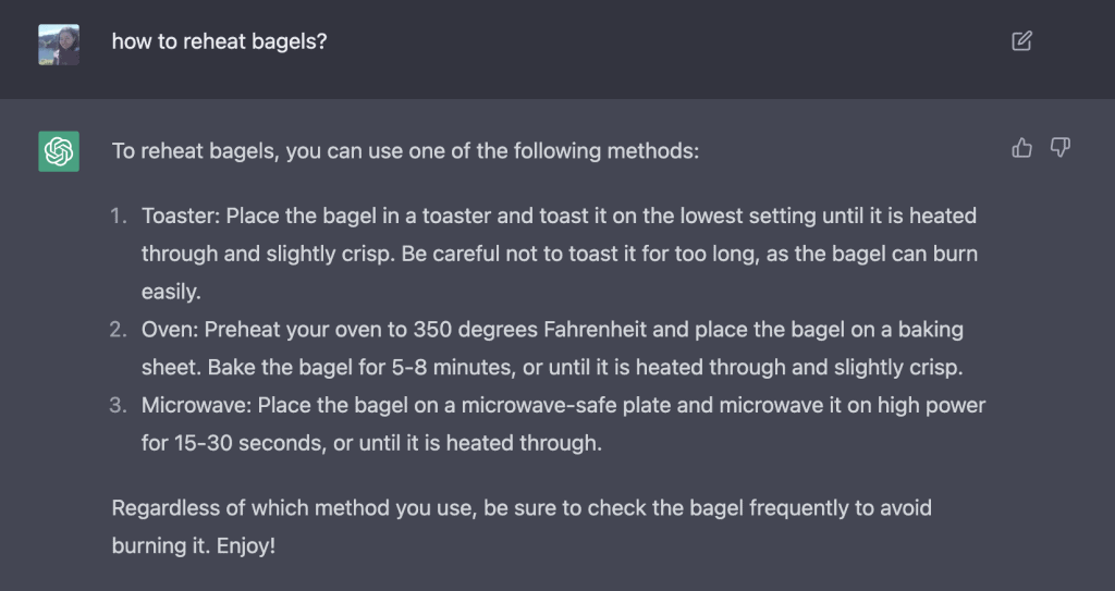 how to reheat bagel answered by chatGPT AI