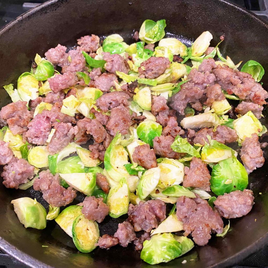 Cast Iron Sausage and Brussel Sprout Bear Cusine